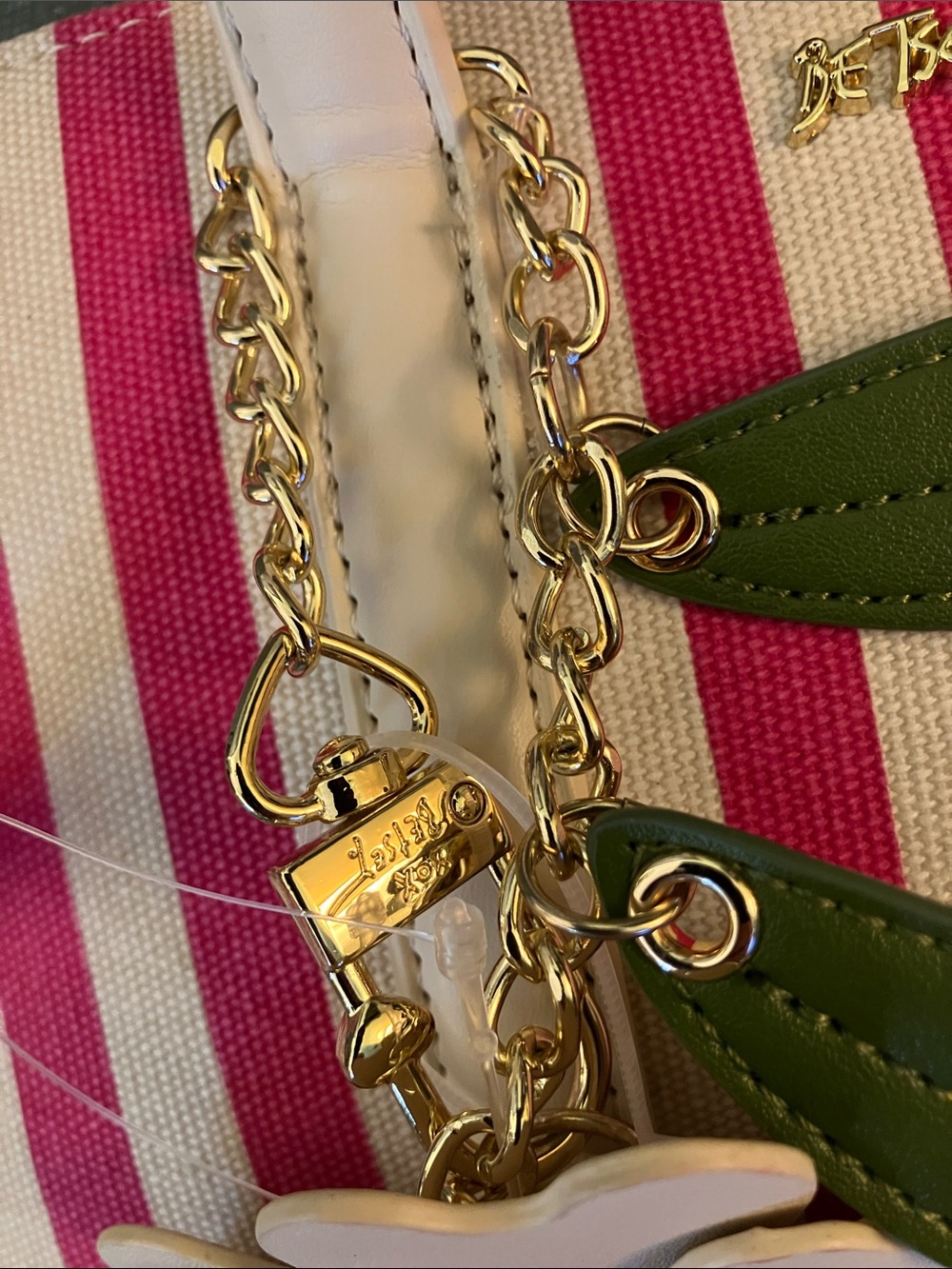 🩷Betsey Johnson XOMACK pink & beige striped satchel handbag w/flower charm NWT - Picture 7 of 13